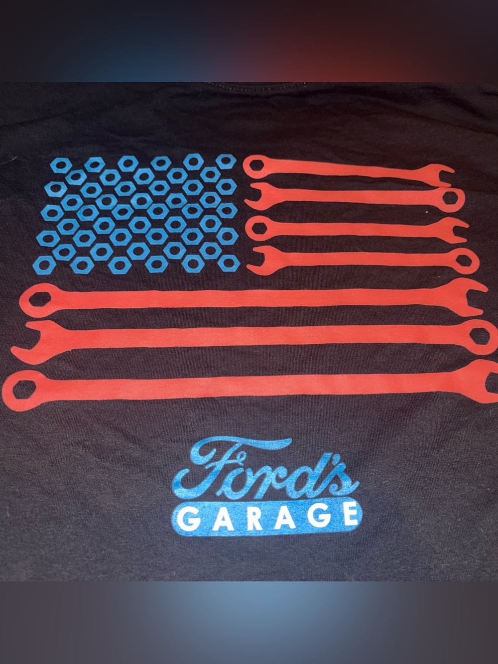 Ford’s Garage Motor American Flag Tools Patriotic Wrenches Nuts Long Sleeve Tee